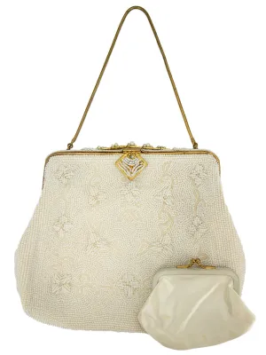 1940s Vintage Cream Beaded Frame Occasion Bag & Purse