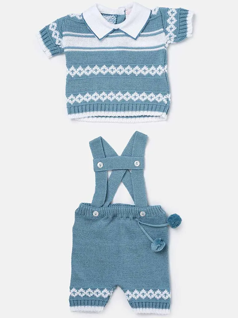 Baby Boy 2 Piece Striped Diamond Knit Pom-pom Gift Box Set-Blue