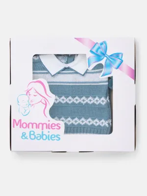 Baby Boy 2 Piece Striped Diamond Knit Pom-pom Gift Box Set-Blue