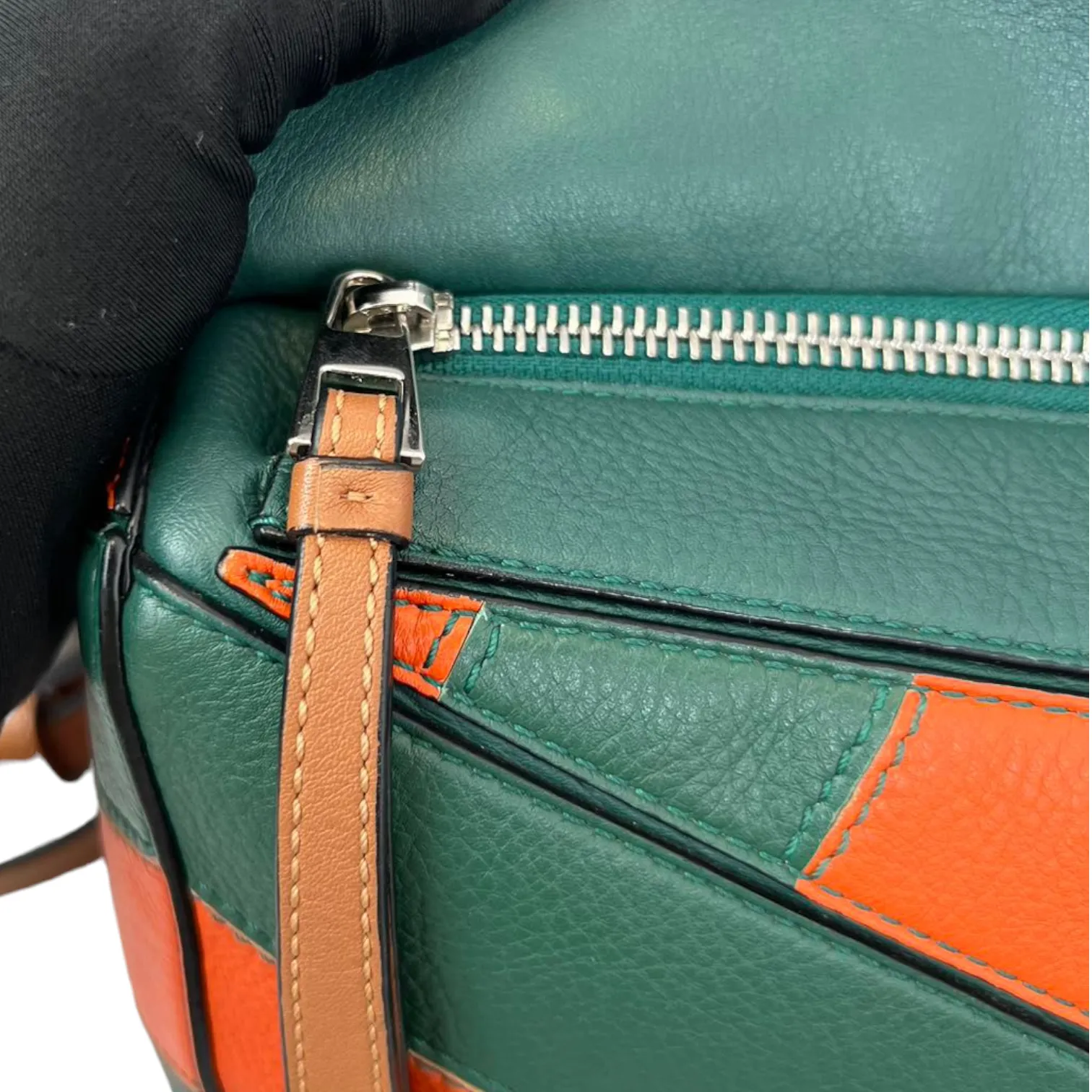 Calfskin Rugby Small Puzzle Bag Orange and Green SHW