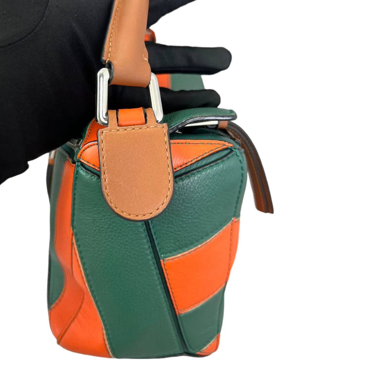 Calfskin Rugby Small Puzzle Bag Orange and Green SHW