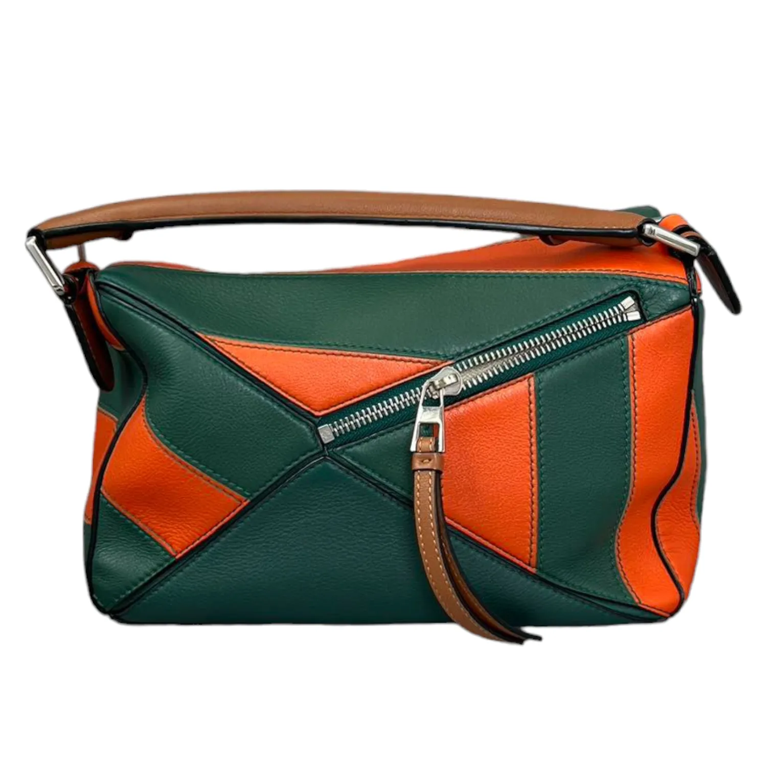 Calfskin Rugby Small Puzzle Bag Orange and Green SHW