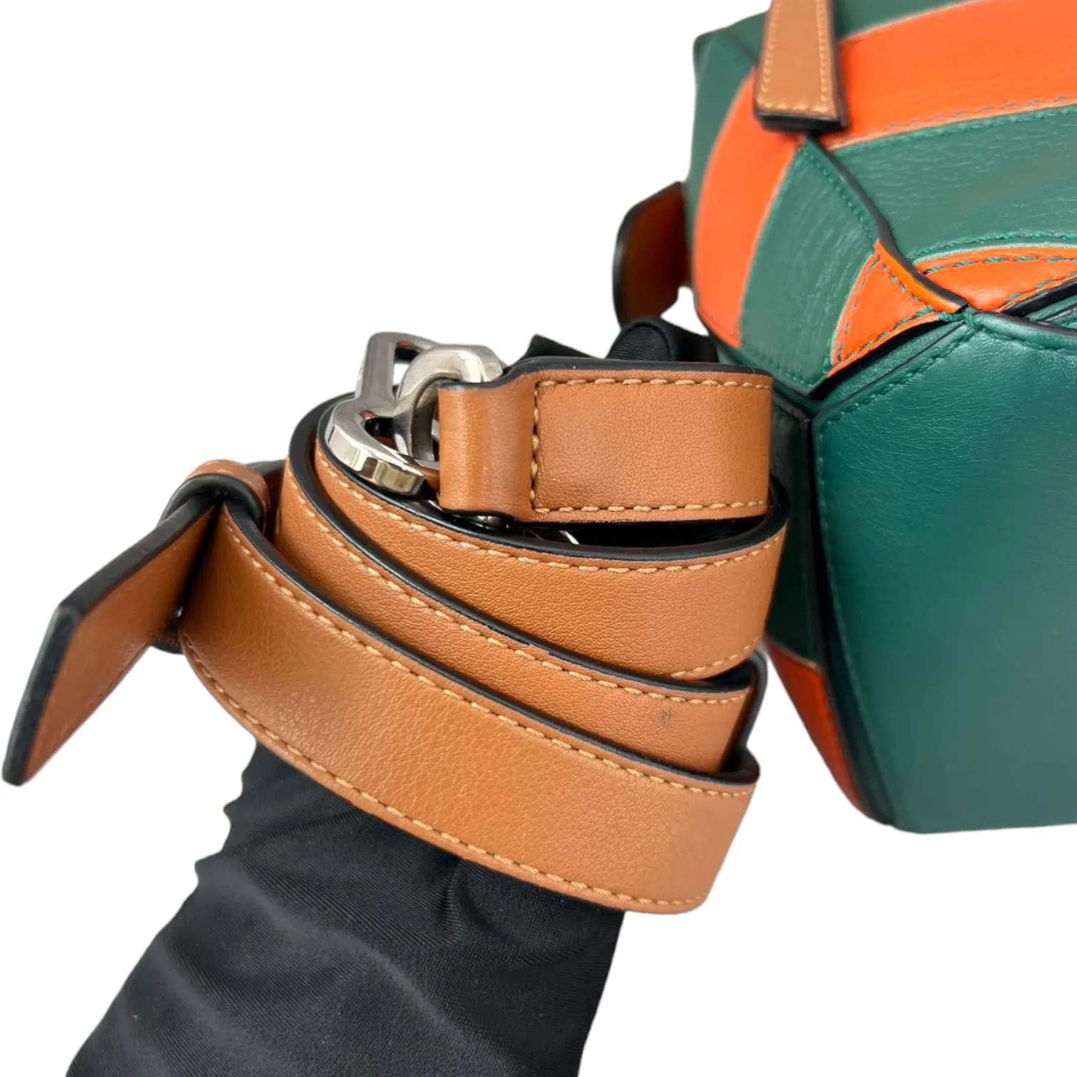Calfskin Rugby Small Puzzle Bag Orange and Green SHW