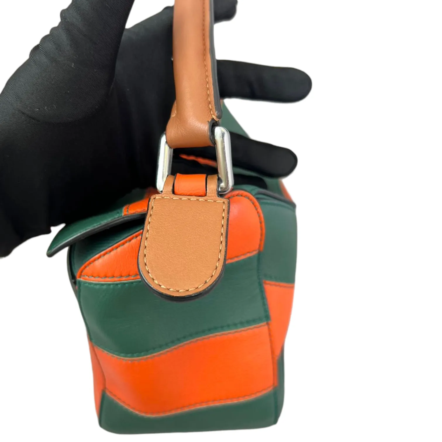 Calfskin Rugby Small Puzzle Bag Orange and Green SHW