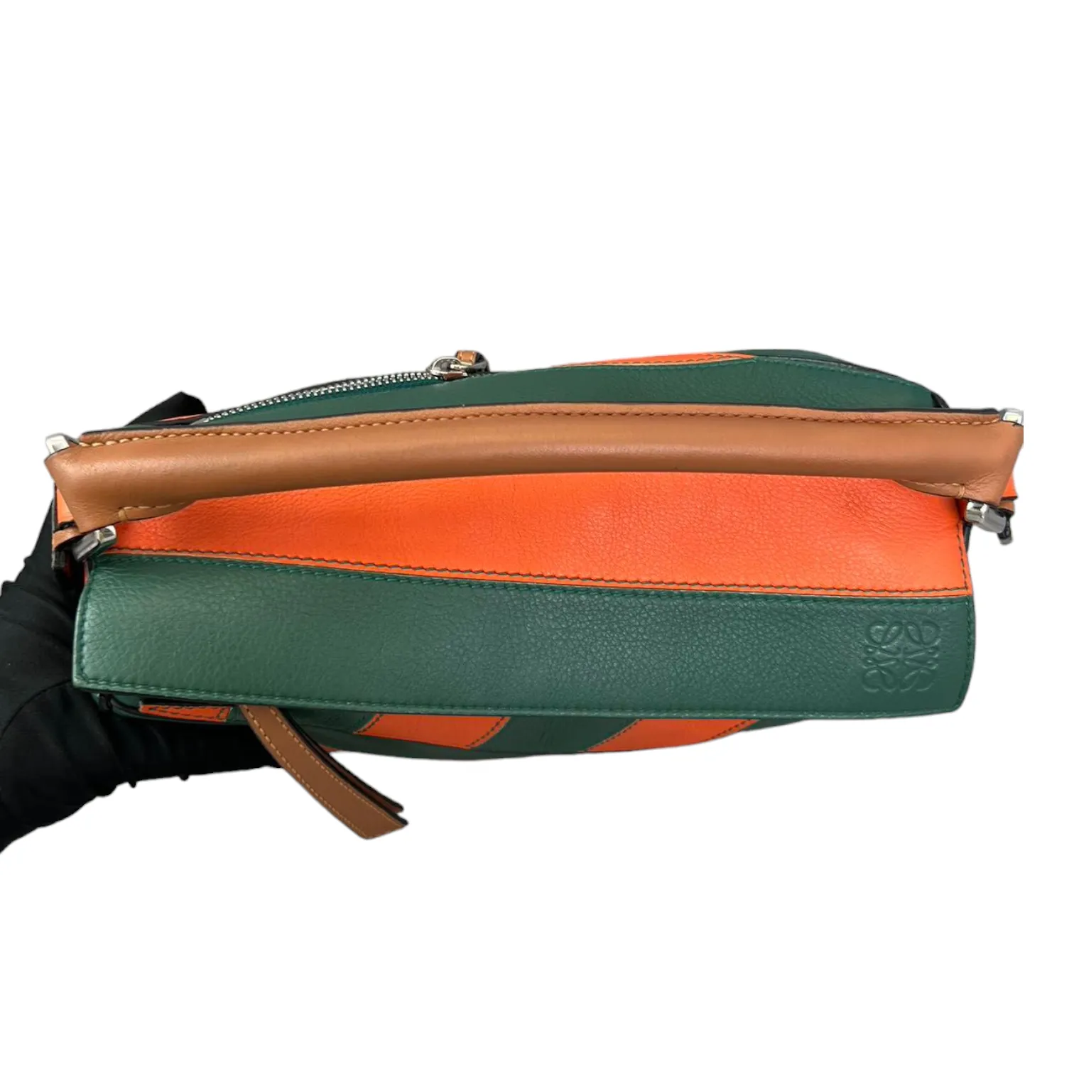 Calfskin Rugby Small Puzzle Bag Orange and Green SHW