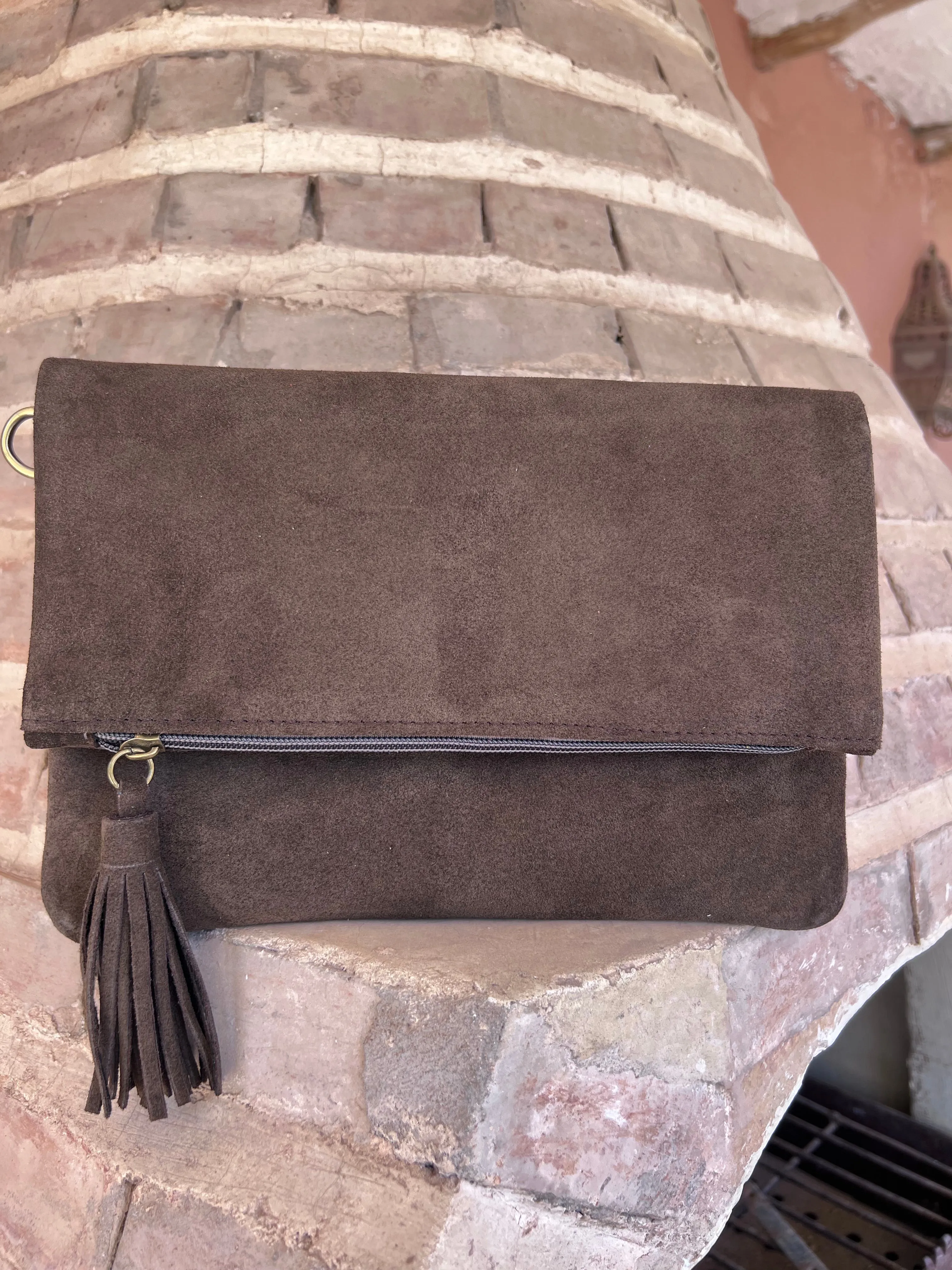 Dark Brown Suede Tassel Fold Over Handbag | Large