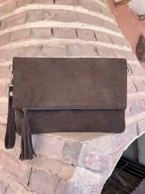 Dark Brown Suede Tassel Fold Over Handbag | Large