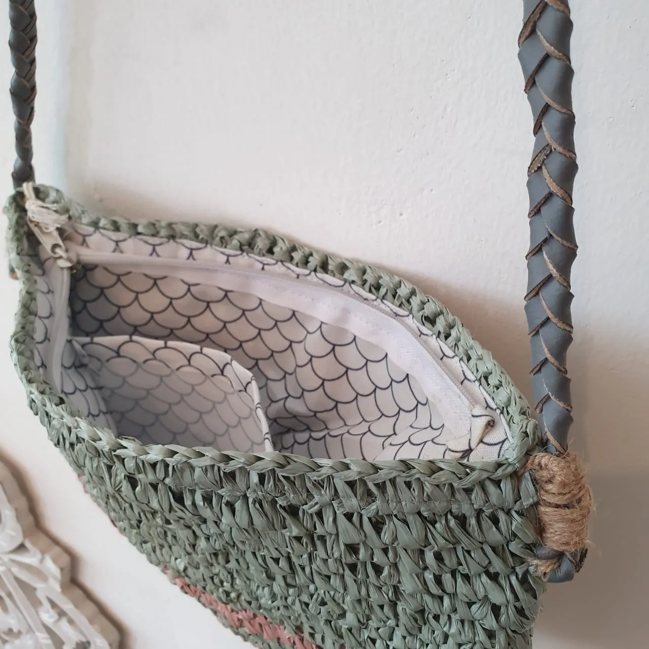 Green & Pink Woven Raffia Shoulder Bag