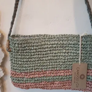 Green & Pink Woven Raffia Shoulder Bag