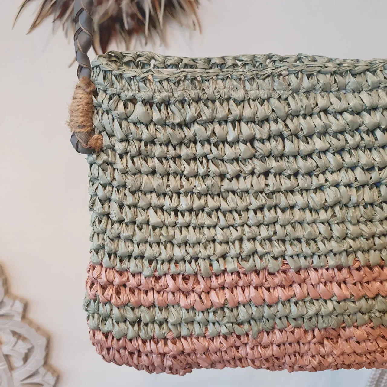 Green & Pink Woven Raffia Shoulder Bag