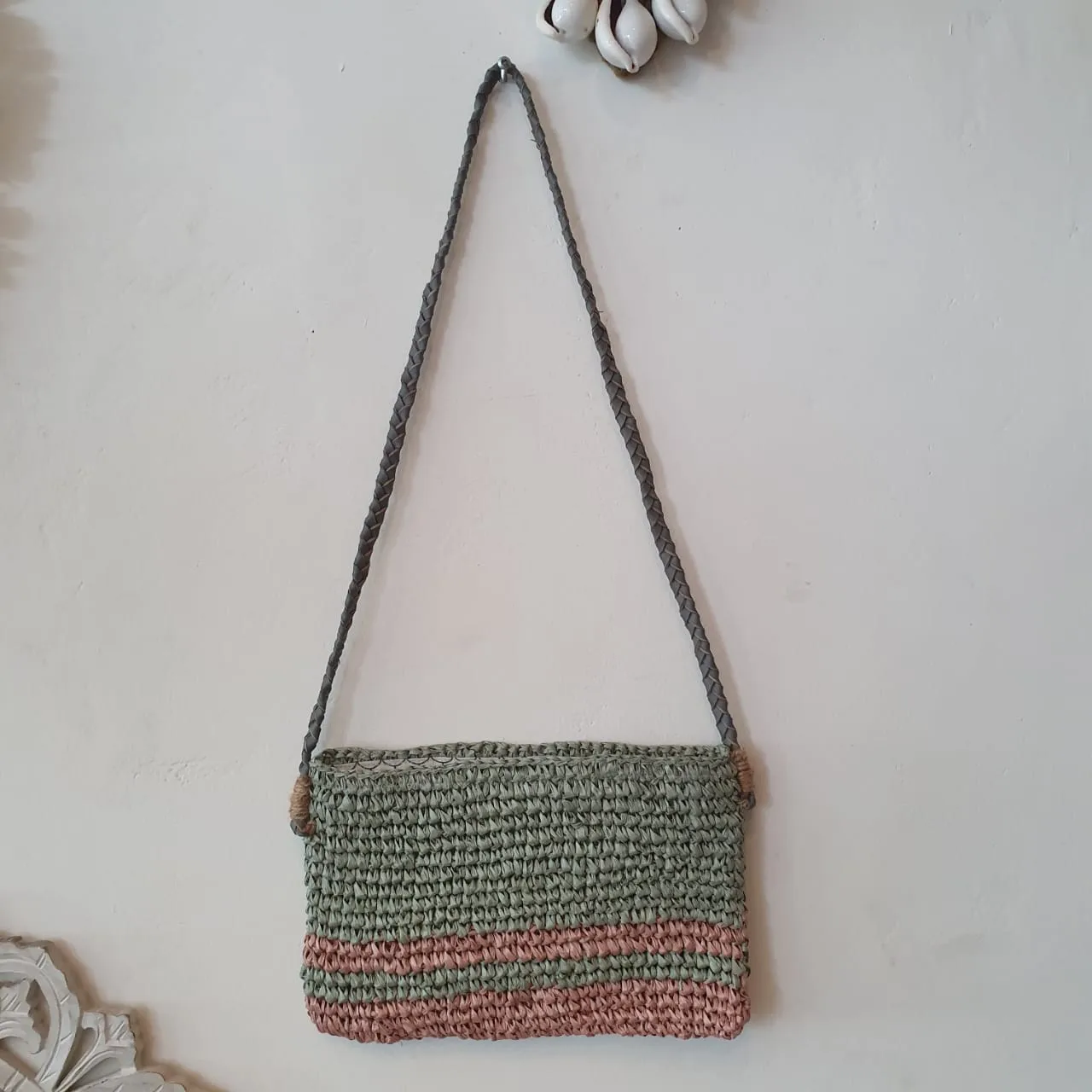 Green & Pink Woven Raffia Shoulder Bag