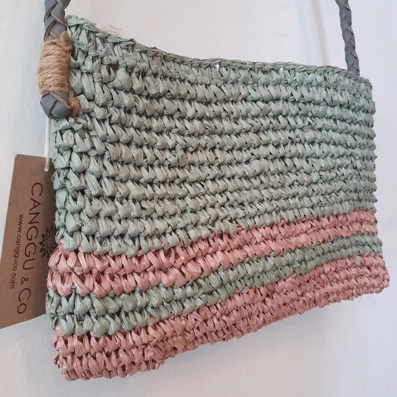 Green & Pink Woven Raffia Shoulder Bag