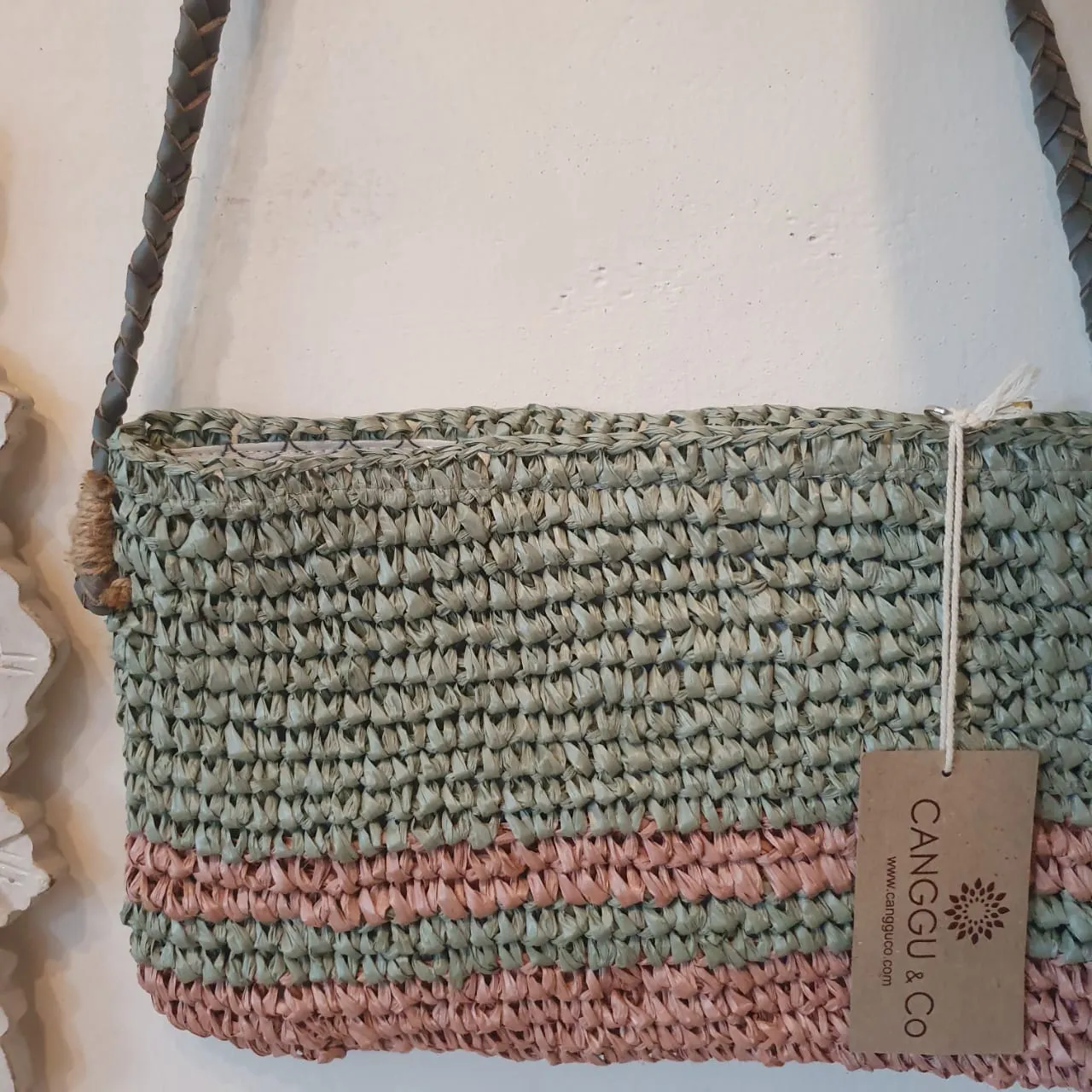 Green & Pink Woven Raffia Shoulder Bag