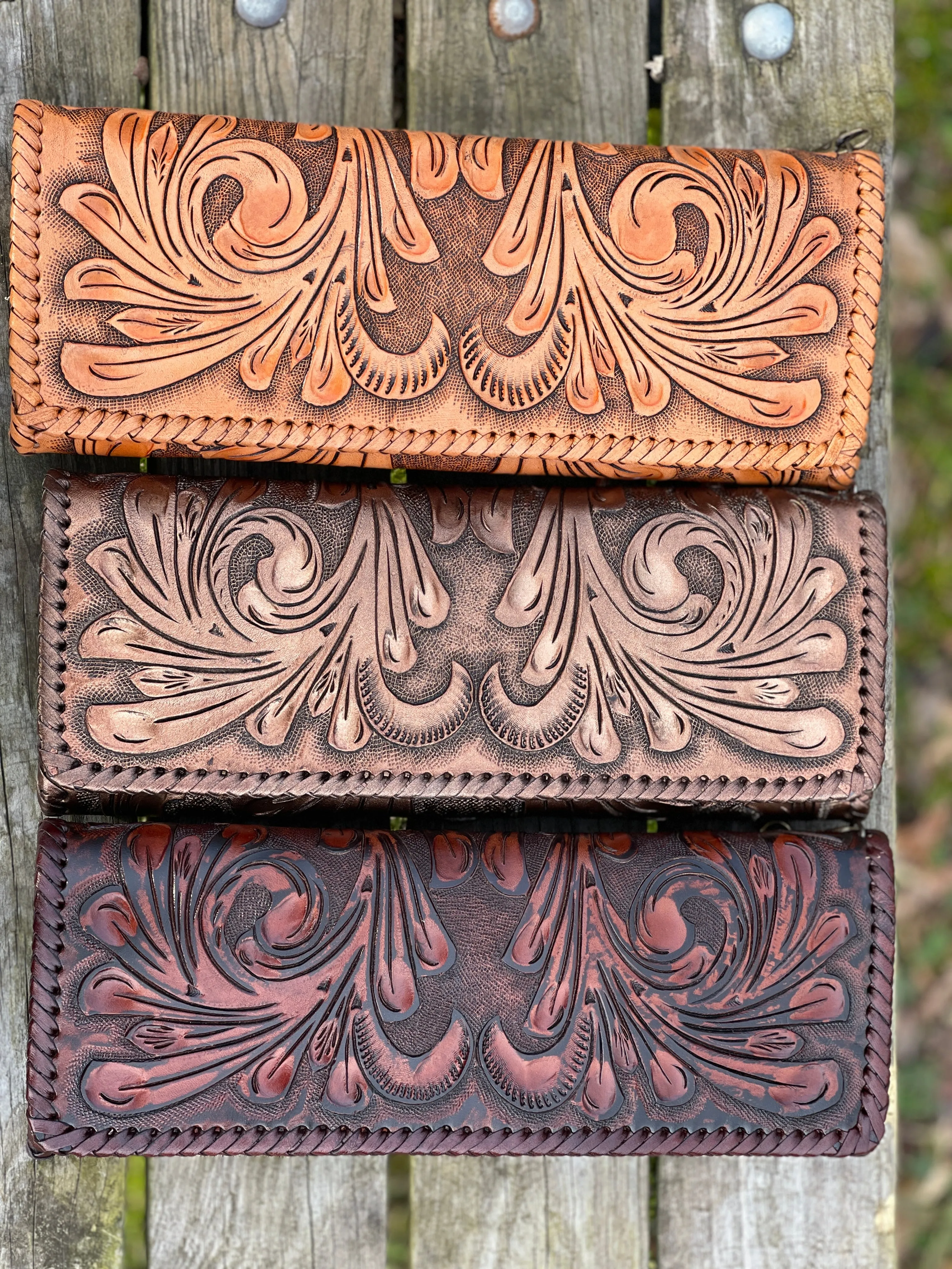 Hand Tooled Leather Clutch - Wristlet "Oaxaca" by ALLE, Vintage Boho style