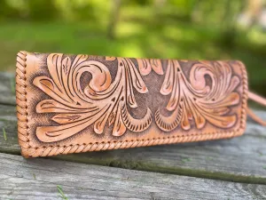 Hand Tooled Leather Clutch - Wristlet "Oaxaca" by ALLE, Vintage Boho style