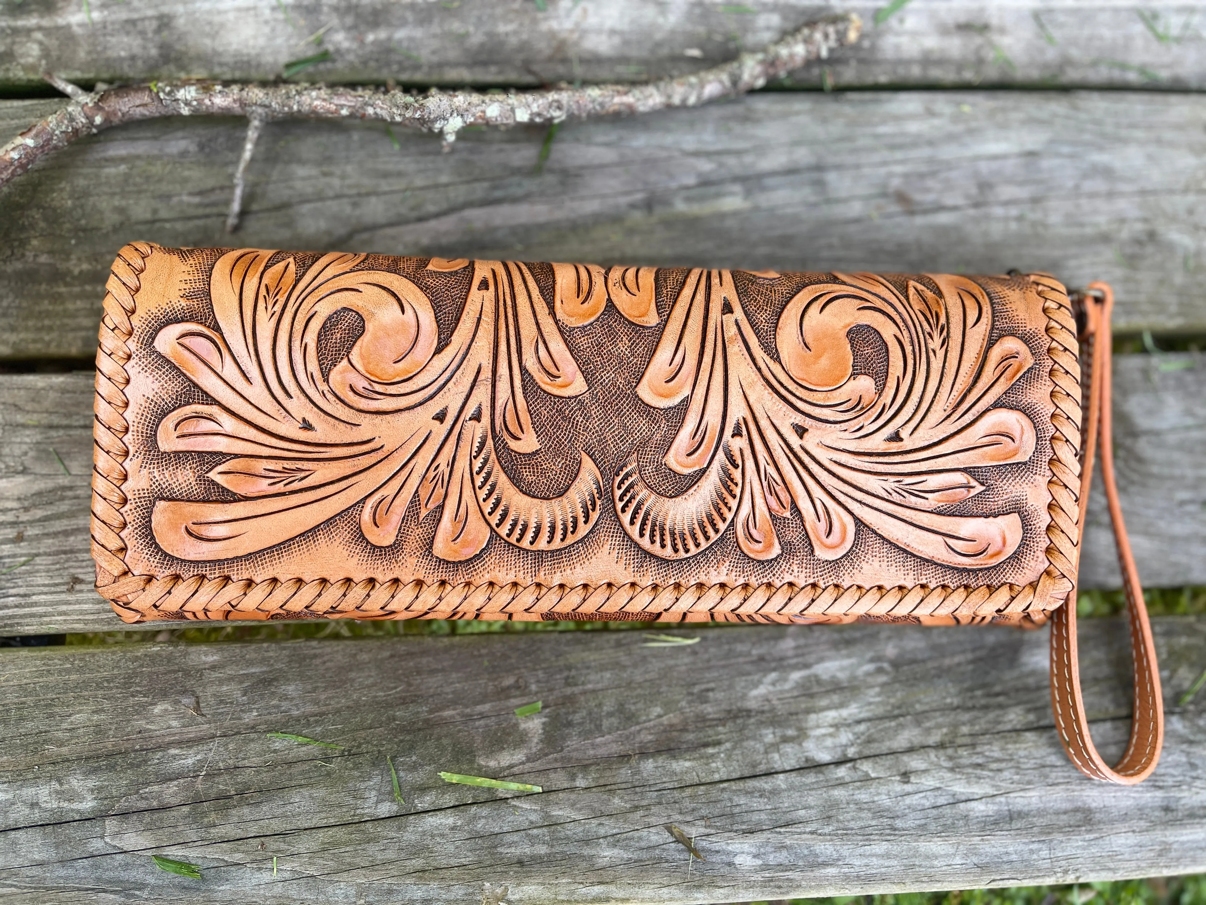 Hand Tooled Leather Clutch - Wristlet "Oaxaca" by ALLE, Vintage Boho style
