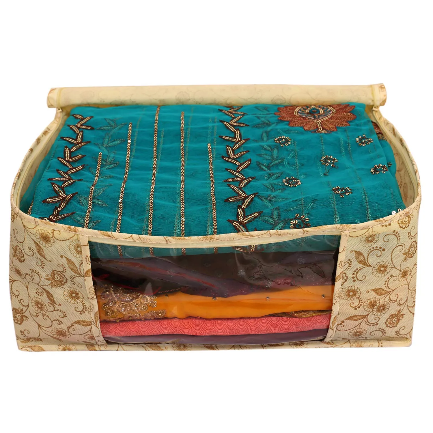 Heart Home Non Woven Saree Cover Set|Transparent Window & Zipper Closure|Regular Cloth Bag|Wardrobe Organiser Set|Pack of 9 (Brown)