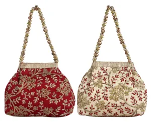 Kuber Industries 2 Pieces Polyester Embroidered Woman Potli Bag, Maroon & Cream - CTKTC031400