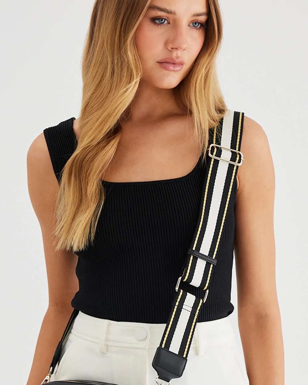 Layla Zip Top Curved Crossbody   Metallic Stripe Strap