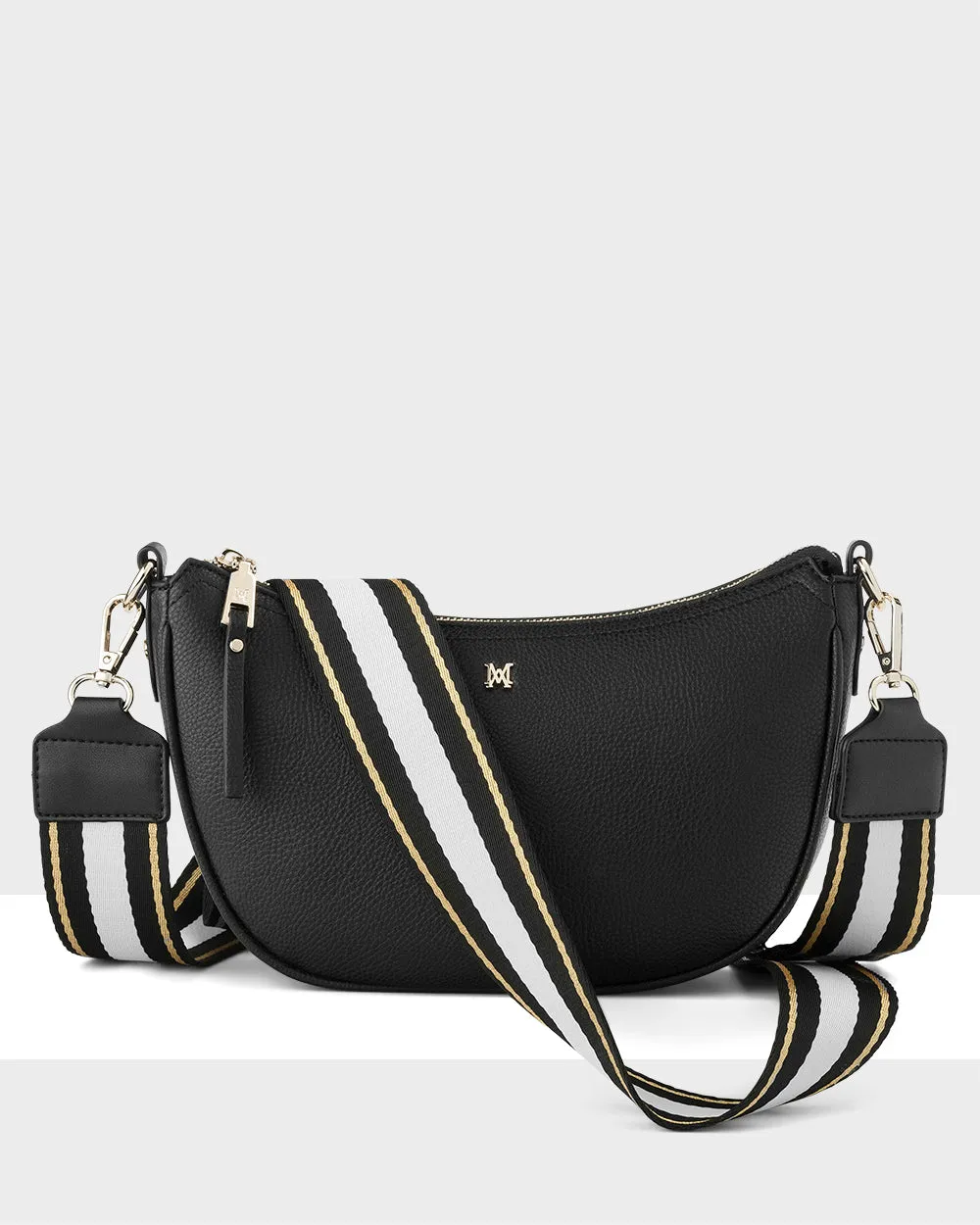 Layla Zip Top Curved Crossbody   Metallic Stripe Strap