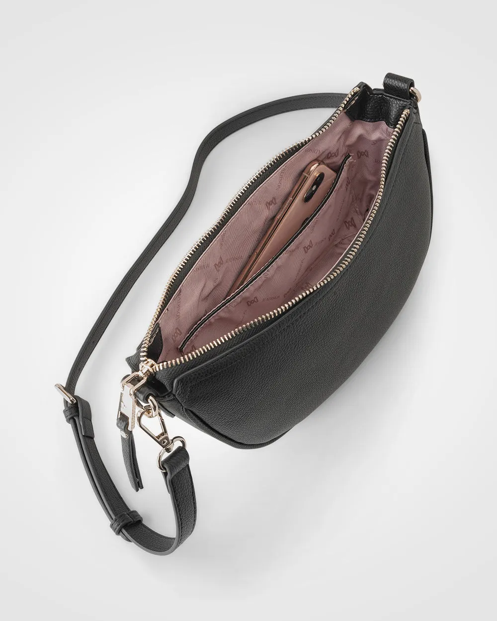 Layla Zip Top Curved Crossbody   Metallic Stripe Strap