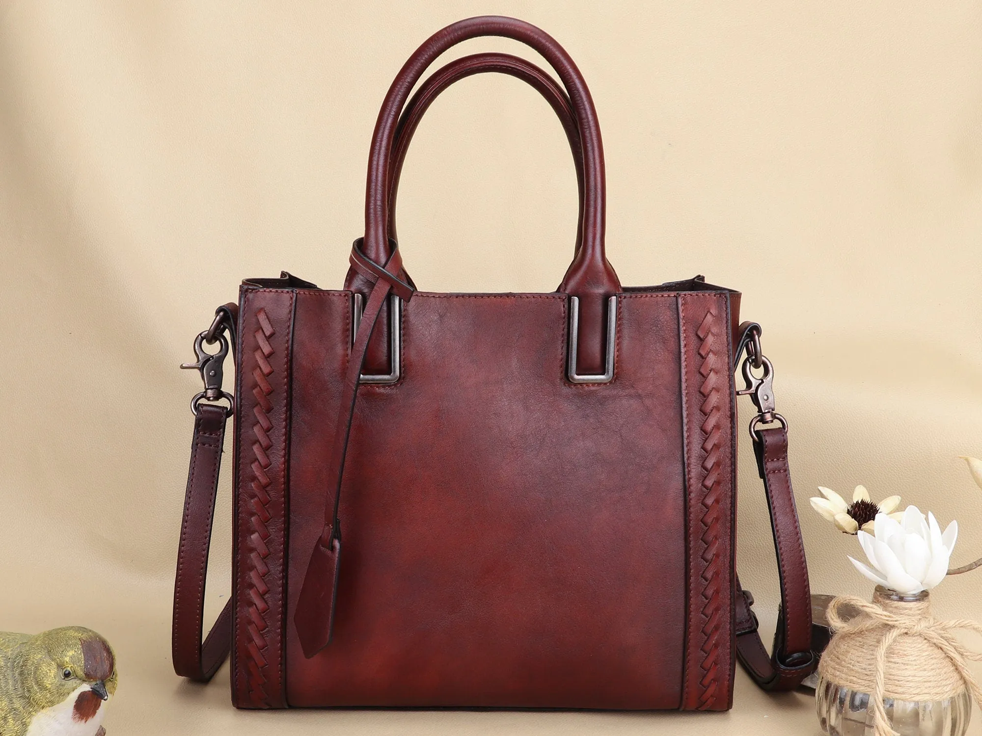 Leather Satchel Handbag Women Vintage Handmade Shoulder Crossbody Bag Purse