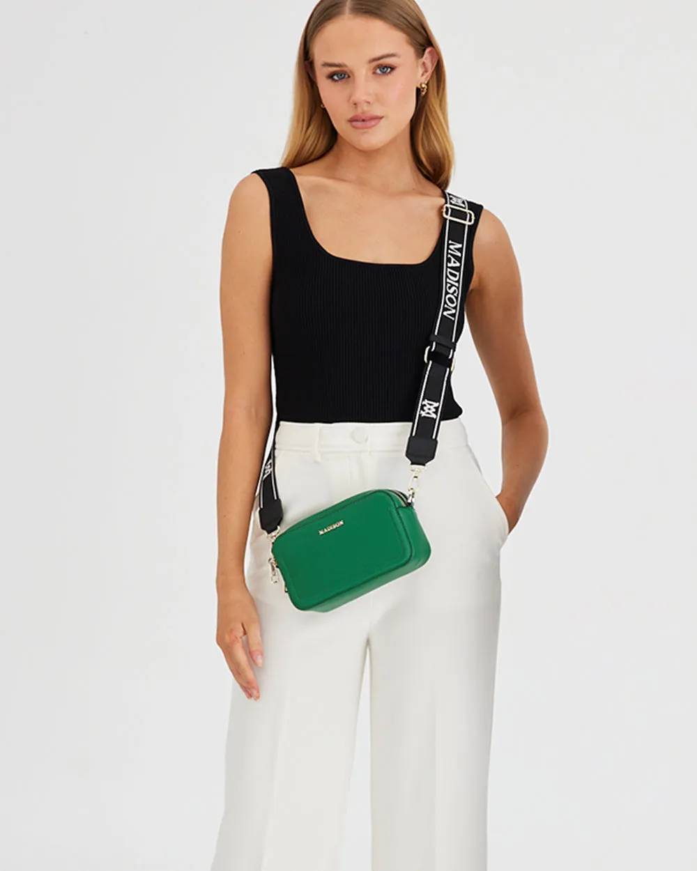 Maddie Double Zip Camera Crossbody Bag   Monogram Stripe Bag Strap