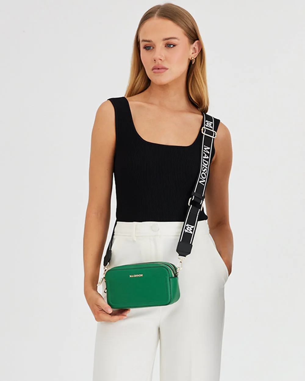 Maddie Double Zip Camera Crossbody Bag   Monogram Stripe Bag Strap