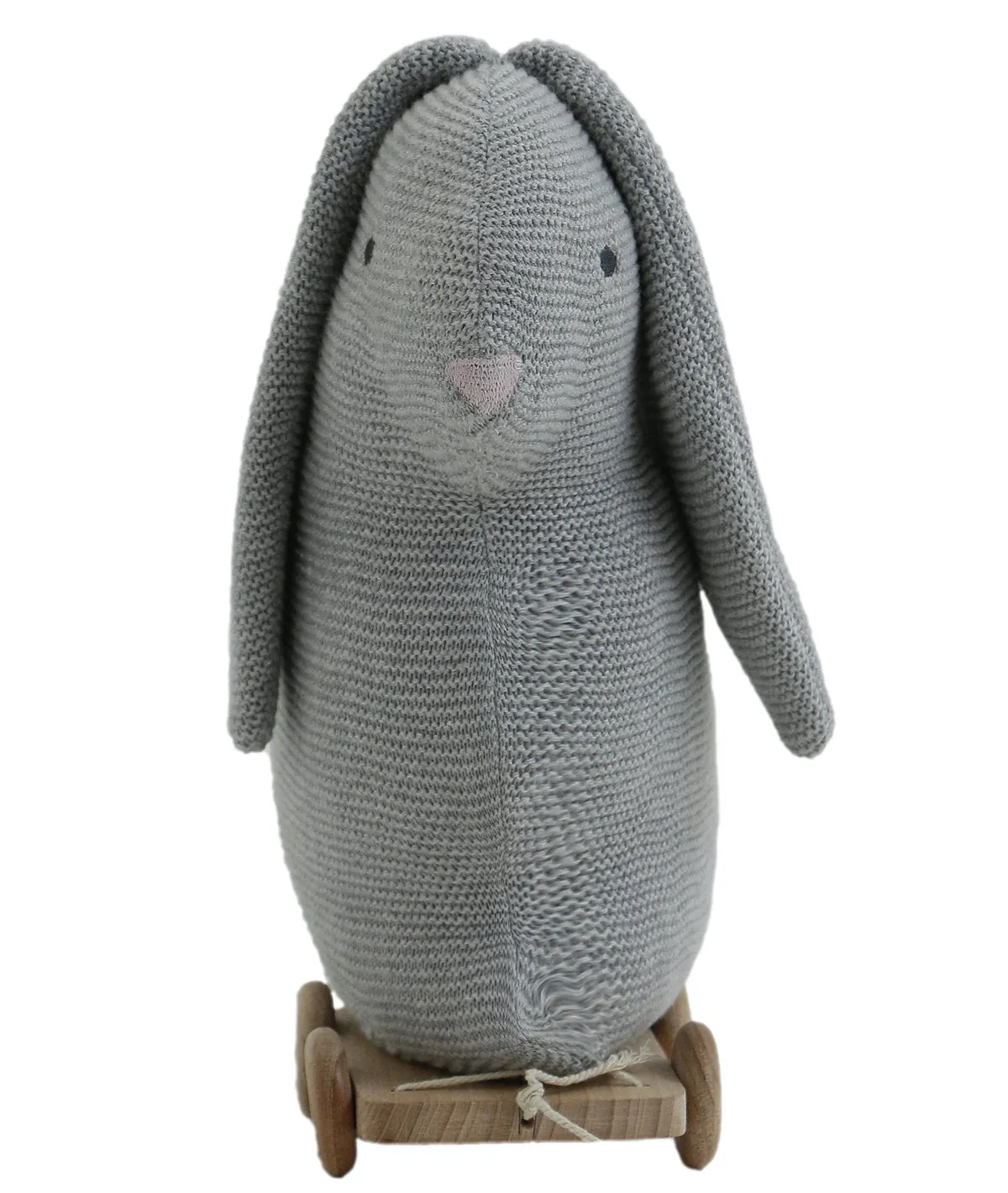 Push & Pull Bunny - Grey 100% Cotton Knitted Stuffed Soft Toy for Babies / Kids with Wooden Cart