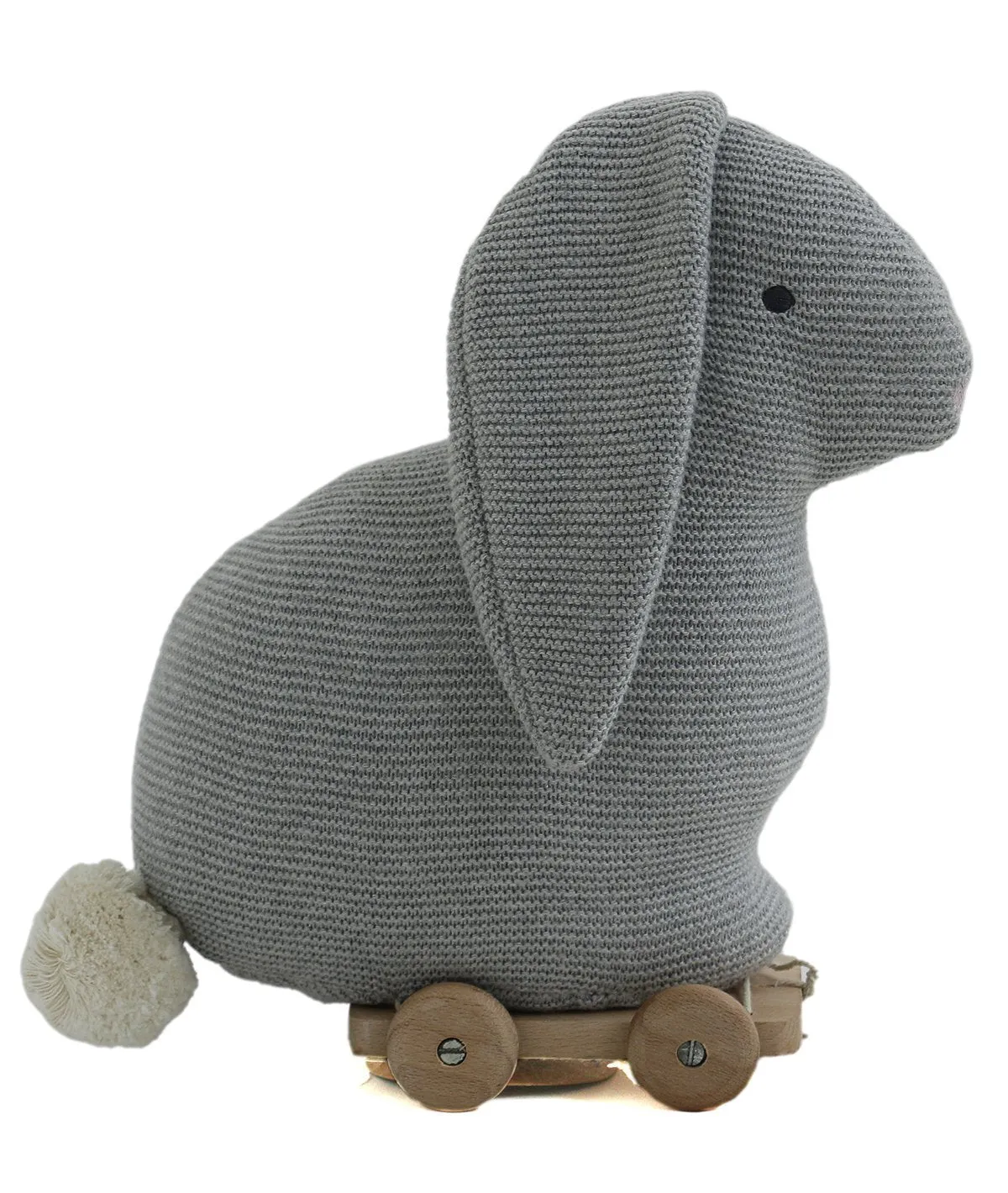 Push & Pull Bunny - Grey 100% Cotton Knitted Stuffed Soft Toy for Babies / Kids with Wooden Cart