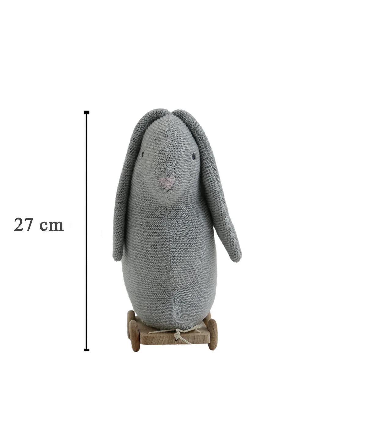 Push & Pull Bunny - Grey 100% Cotton Knitted Stuffed Soft Toy for Babies / Kids with Wooden Cart