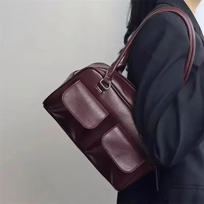 Vintage Women Business Shoulder Bags Simple Ladies Commute Tote Bag Pu Leather Female Underarm Bag Burgundy Large Handbags Purse