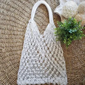 White Woven Cotton Oval Shaped Macrame Bag