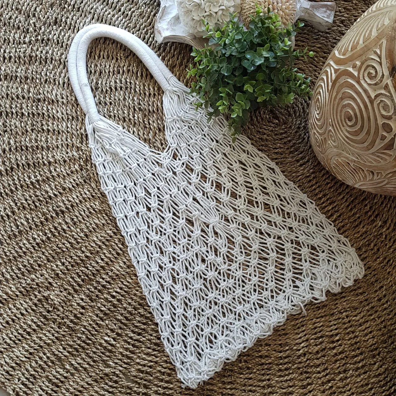 White Woven Cotton Oval Shaped Macrame Bag