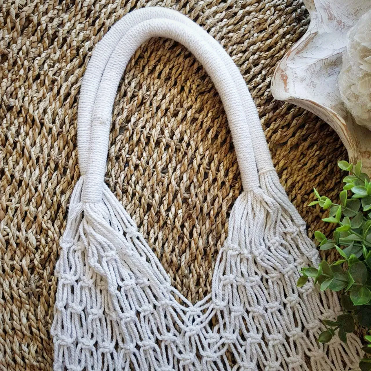 White Woven Cotton Oval Shaped Macrame Bag