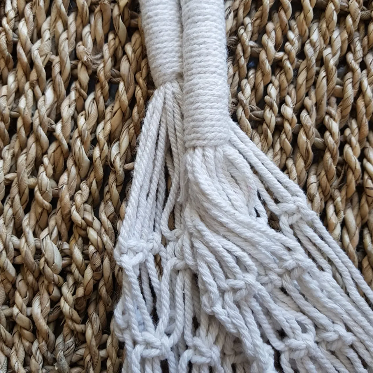 White Woven Cotton Oval Shaped Macrame Bag
