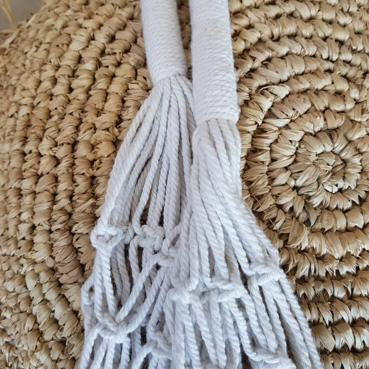 White Woven Cotton Oval Shaped Macrame Bag
