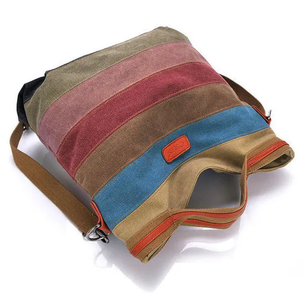 Women Canvas Striped Contrast Color Canvas Crossboby Bags