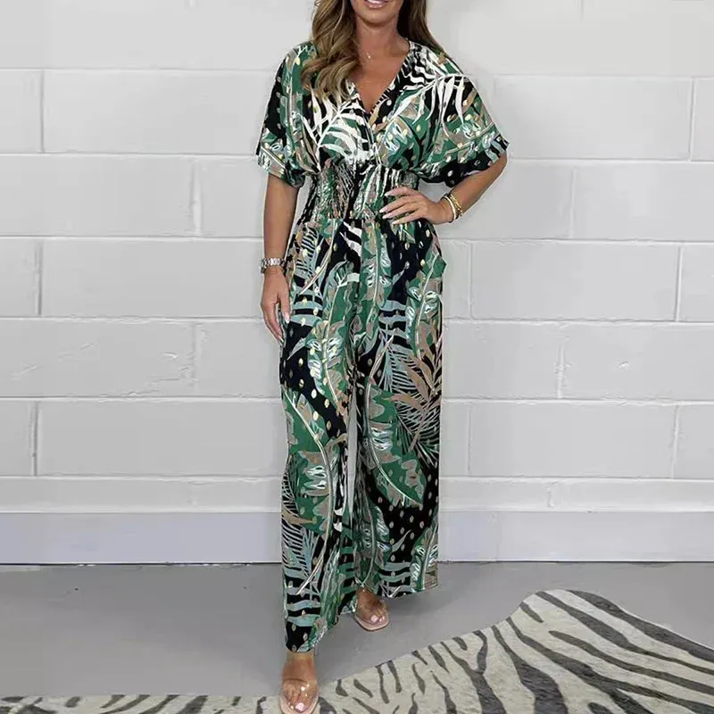 Women's  Fashion Leaf Print Plus Size Bodysuit with Elastic Waist