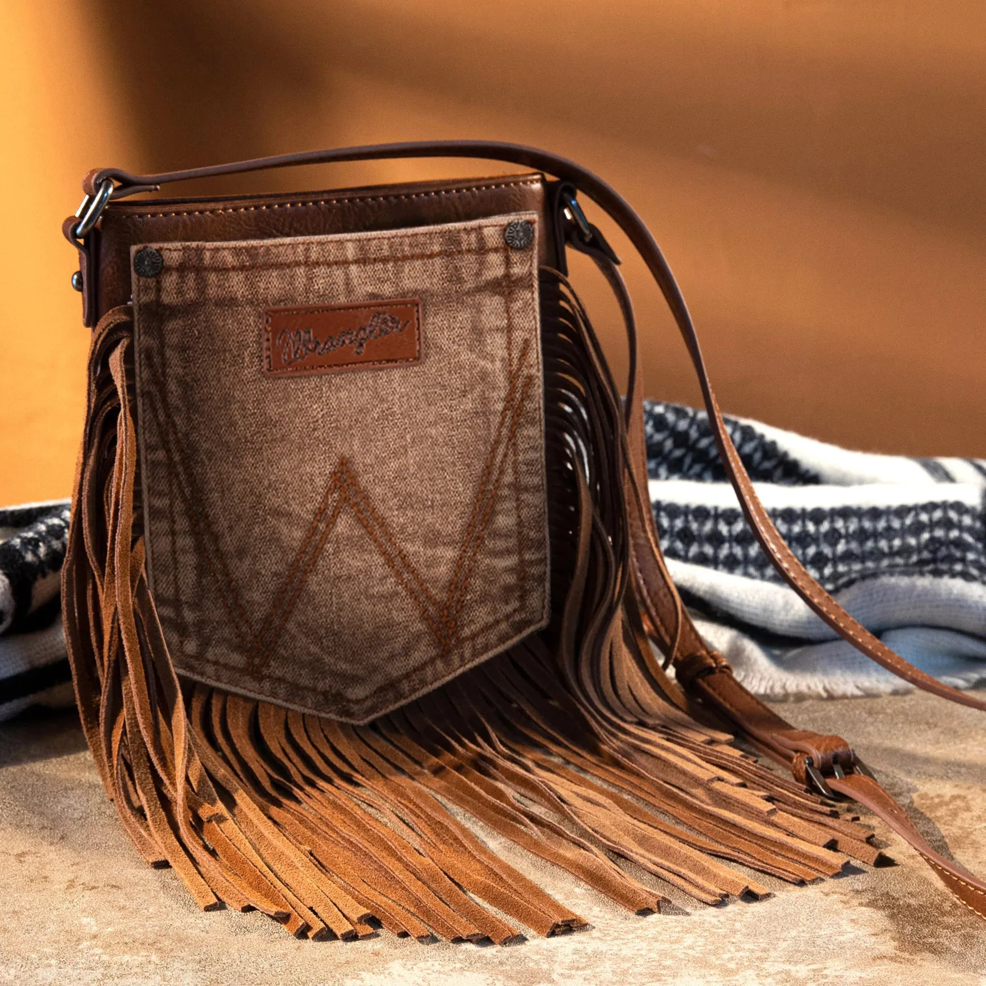 Wrangler Pocket Fringe Crossbody- Light Brown